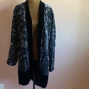 CHICO’S Black and Blue Paisley Velvet Cardigan